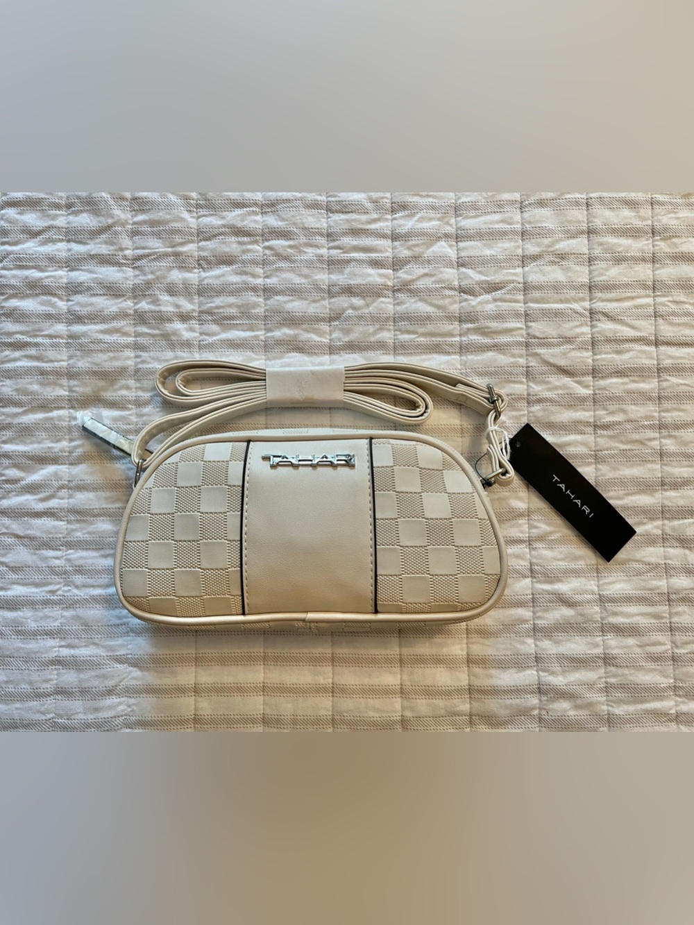 Tahari Cream Checker-Panel Crossbody Bag